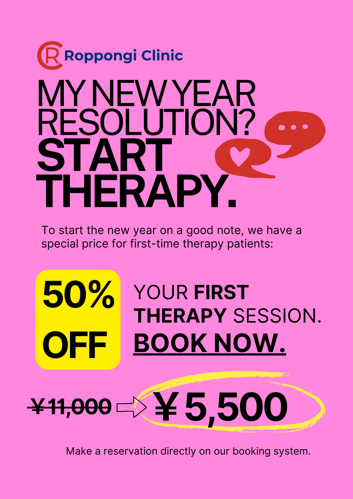 To start the new year on a good note, we have a special price for first-time therapy patients: 50% OFF YOUR FIRST THERAPY SESSION. BOOK NOW.